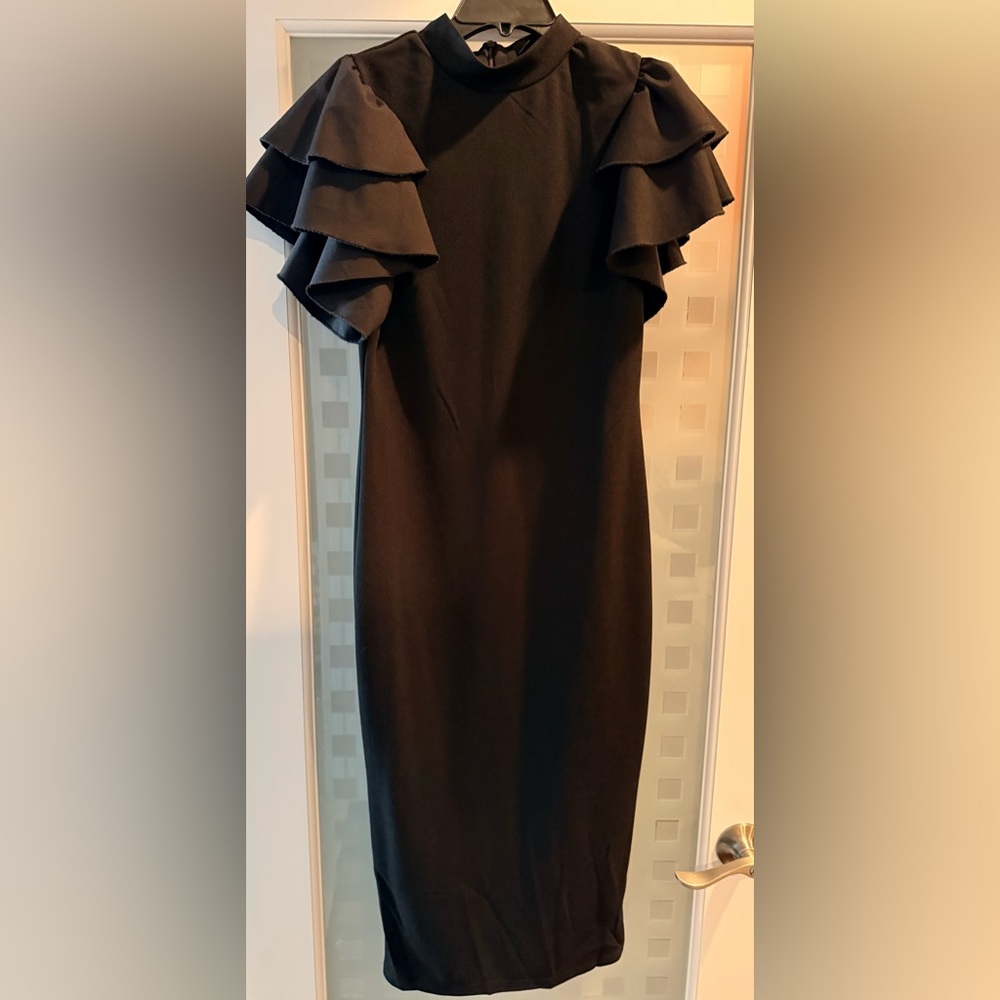 SHEIN Black Midi Dress with Ruffle Sleeves